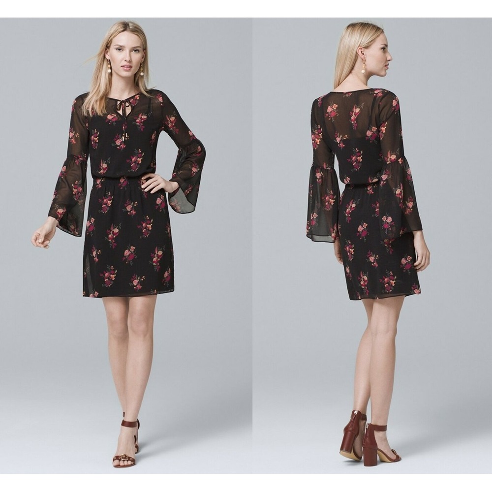 ✨2/$20 White House Black Market Floral Bell Sleeve Dress XS Dark Romantic *Flaw - Picture 7 of 13